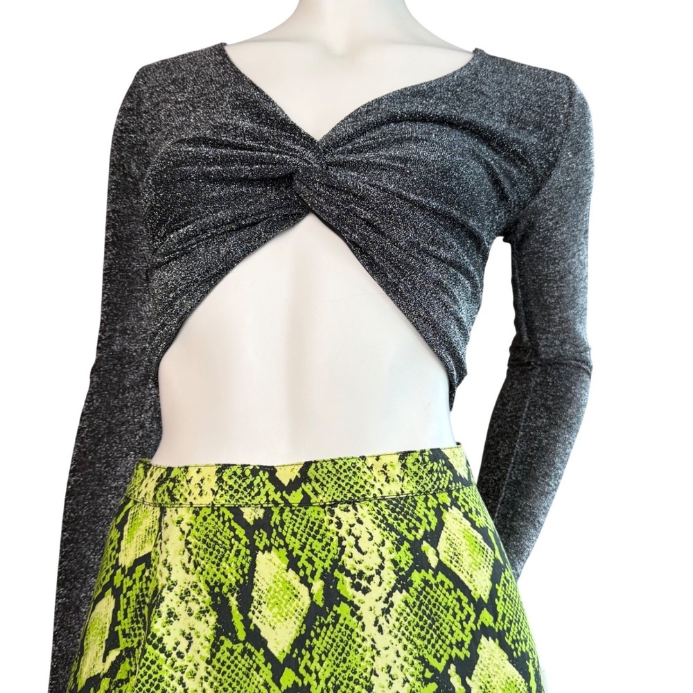 Metallic Silver Glitter Crop Top Twist Front Long Sleeve‎ Party Rave Blingcore S